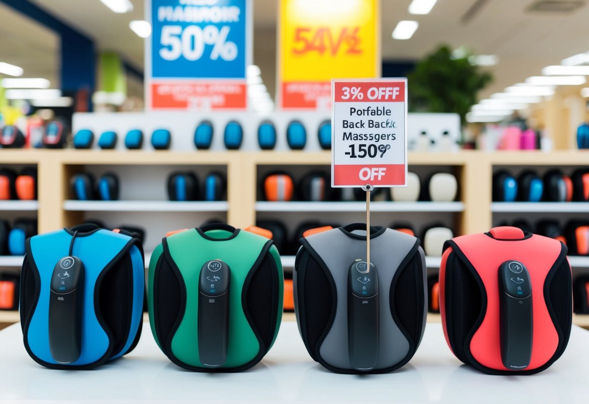 A variety of portable back massagers displayed on a table with a discount sign in a bright and inviting store setting