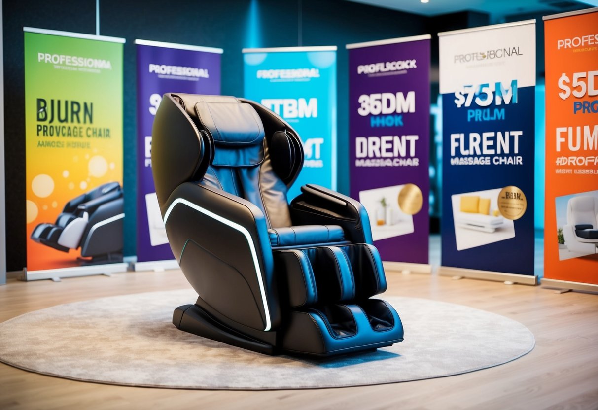 A modern, sleek massage chair surrounded by vibrant promotional banners and a sense of luxury
