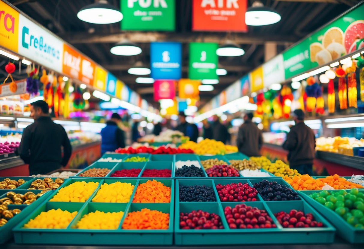 A vibrant marketplace with colorful banners and products on display