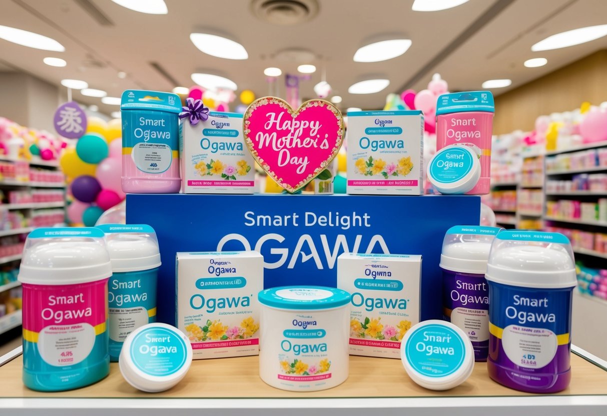 A festive display of Smart Delight Ogawa products with Mother's Day decorations in a Singaporean store