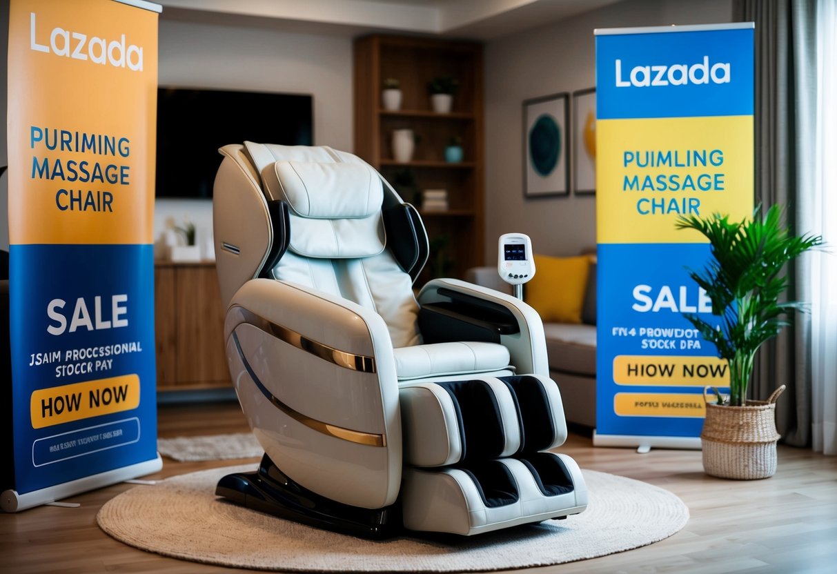 A cozy living room with a sleek massage chair on sale, surrounded by bright promotional banners on Lazada's website