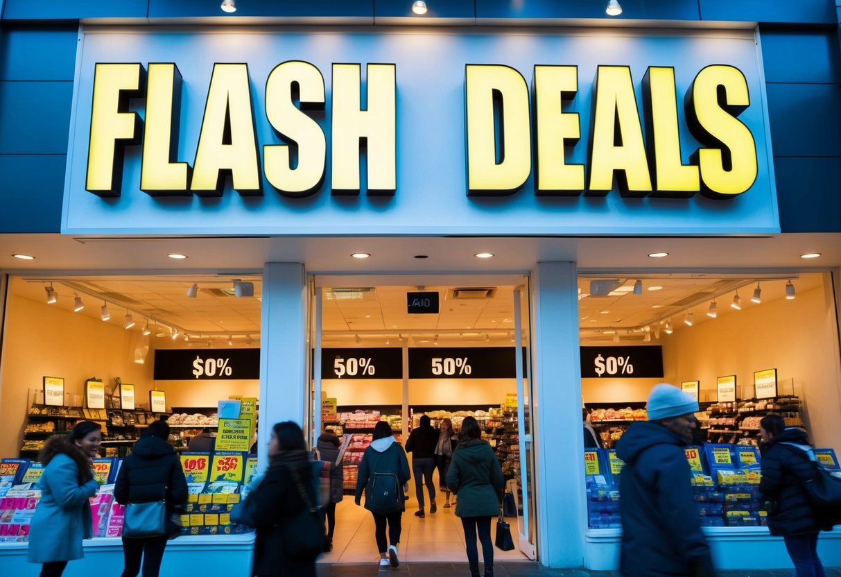 Brightly lit storefront with a large "Flash Deals" sign above. Products displayed with discounted prices. Shoppers eagerly browsing