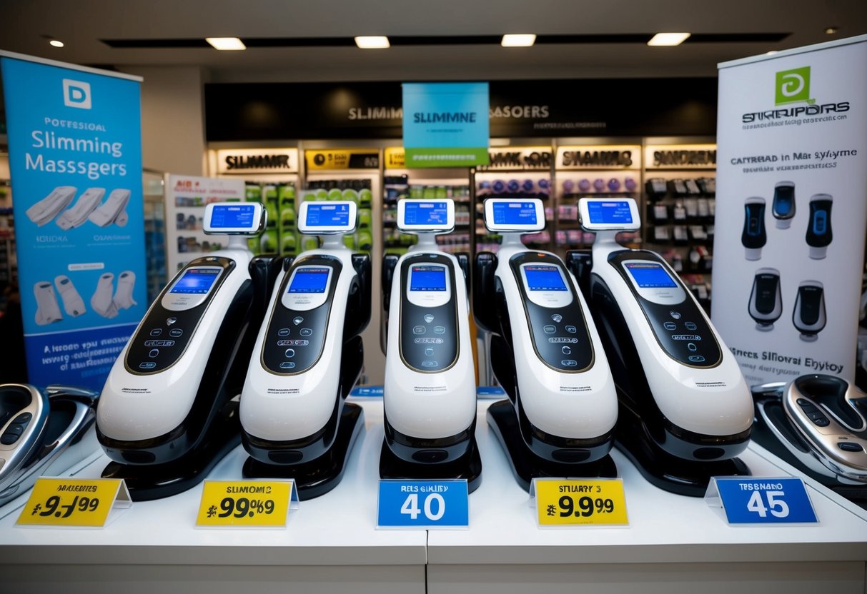 A display of slimming massagers on sale, surrounded by promotional banners and signs in a store in Singapore
