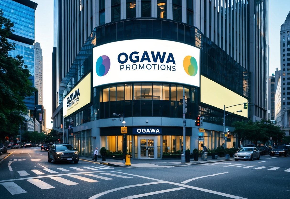 A bustling city street with a modern office building featuring the Ogawa Promotions logo prominently displayed