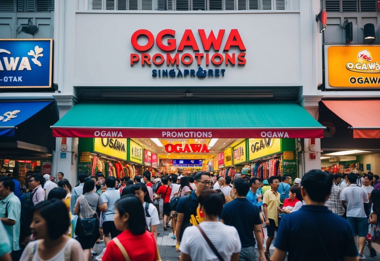 A bustling Singapore street with a prominent Ogawa promotions store, surrounded by vibrant signage and bustling crowds