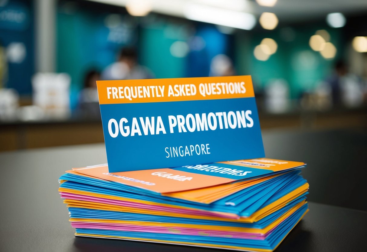 A stack of colorful promotional materials with the title "Frequently Asked Questions ogawa promotions singapore" displayed prominently
