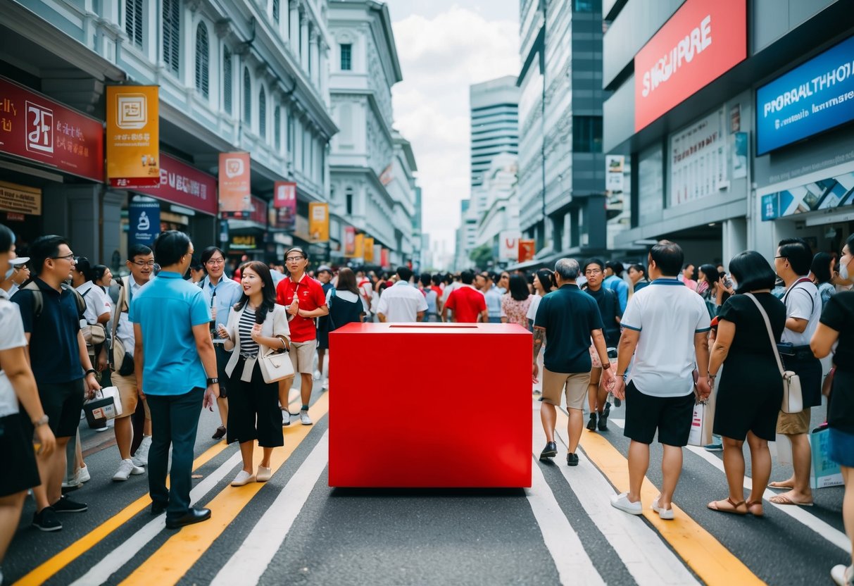 A crowded street with a prominent red box surrounded by people and promotional materials in Singapore