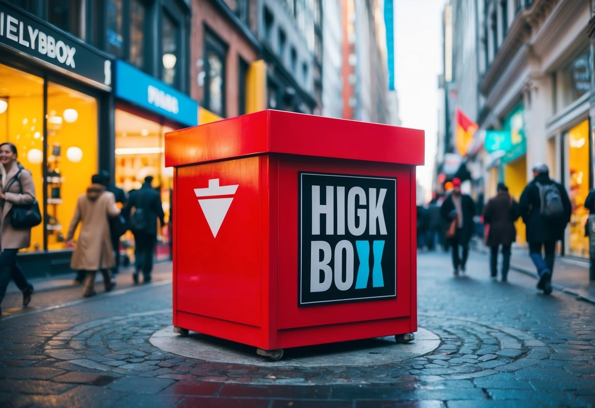 A vibrant red box surrounded by bustling city streets and colorful storefronts, exuding energy and creativity