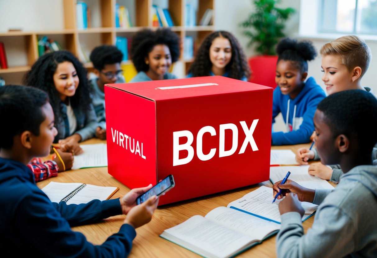 A vibrant virtual red box surrounded by diverse youth engaging in learning activities