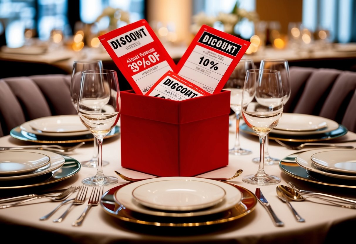 A lavish dining setting with a red box filled with discount vouchers and elegant tableware