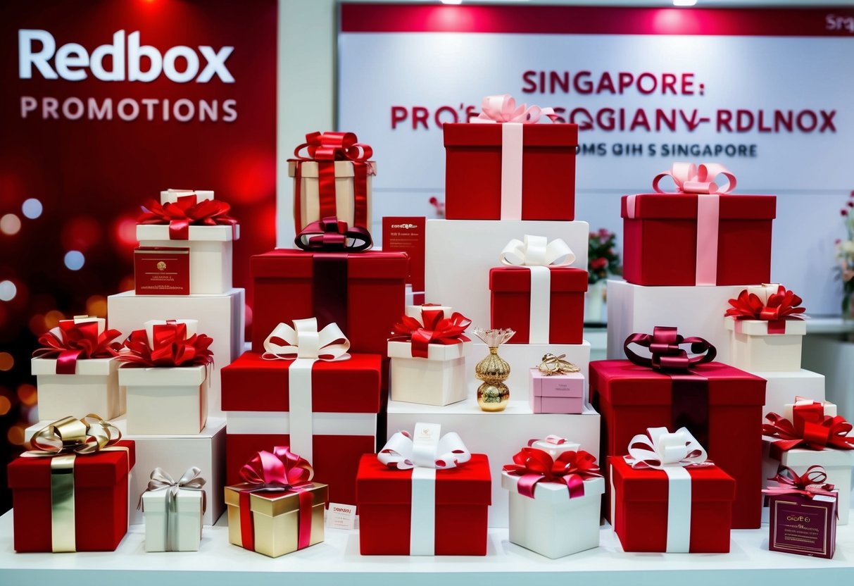 A luxurious display of elegant Redbox Gifts, showcasing a variety of items for special occasions, set against a backdrop of redbox promotions in Singapore