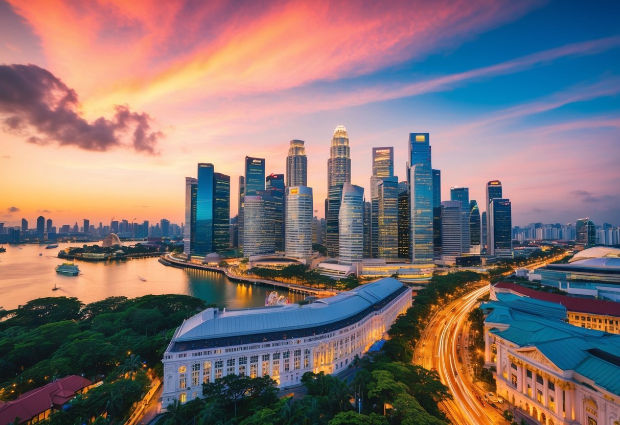 A vibrant Singapore skyline with iconic landmarks, lush greenery, and bustling streets, all bathed in warm, exotic hues