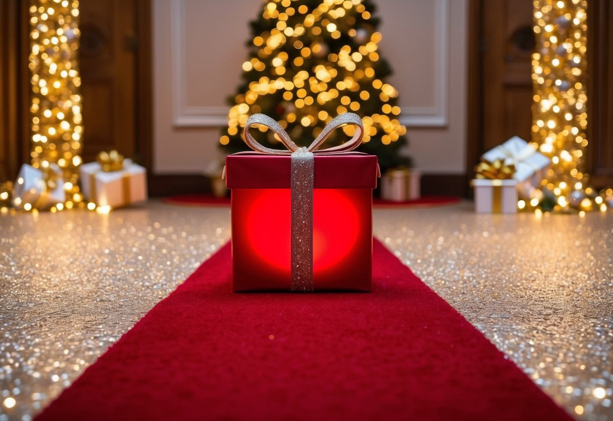 A luxurious red carpet leading to a glowing red gift box surrounded by sparkling lights and elegant decorations