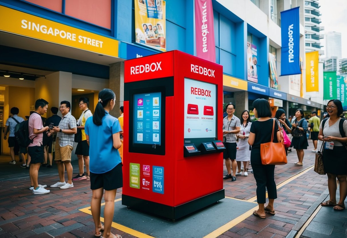 A bustling Singapore street with a prominent Redbox kiosk, surrounded by colorful promotional banners and eager customers