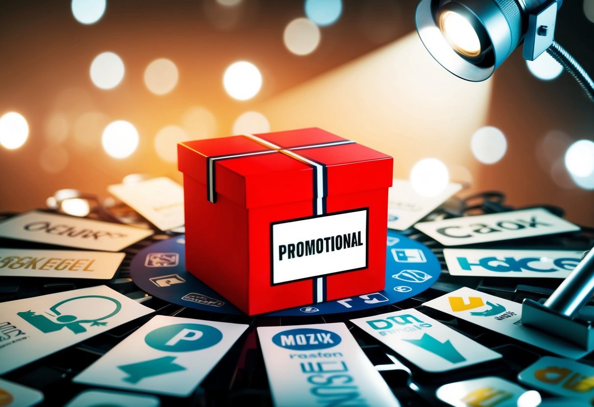 A vibrant red box surrounded by various promotional items and symbols, with a spotlight shining on it