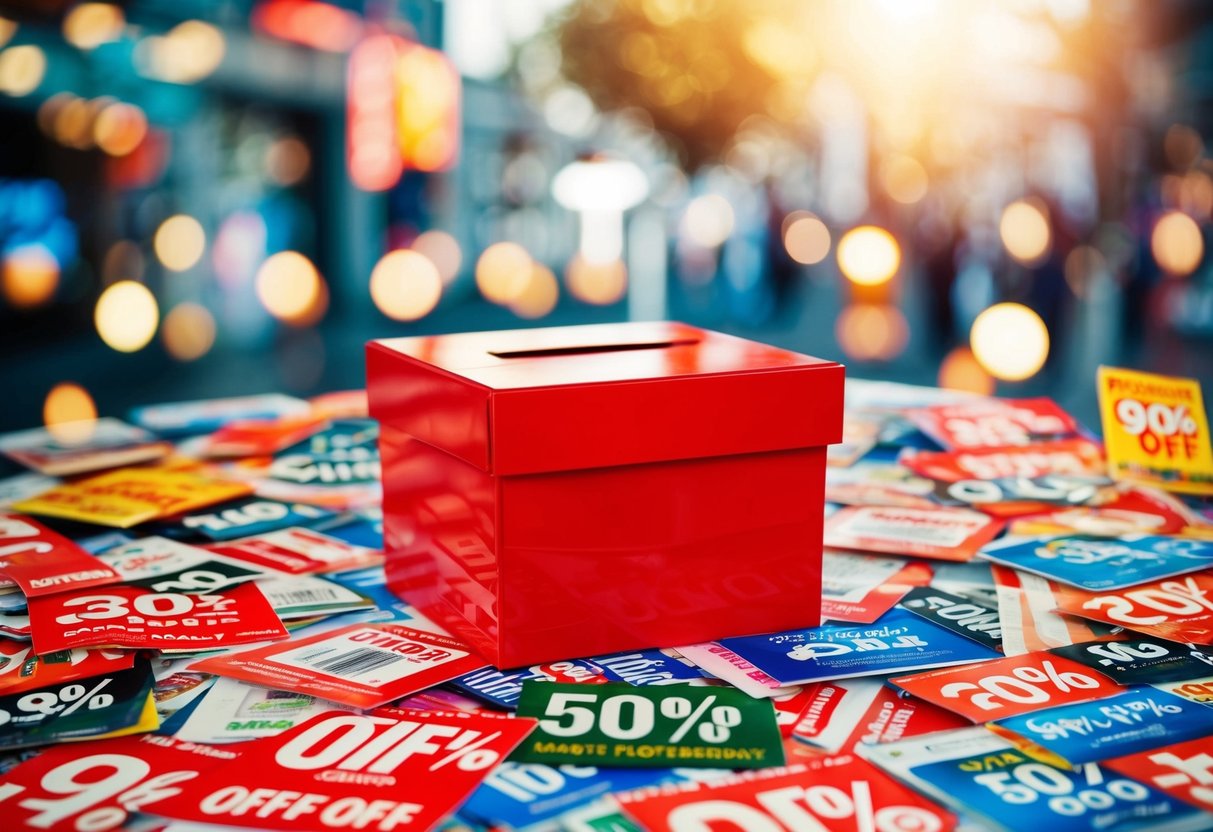 A vibrant redbox surrounded by various promotional items and discount offers