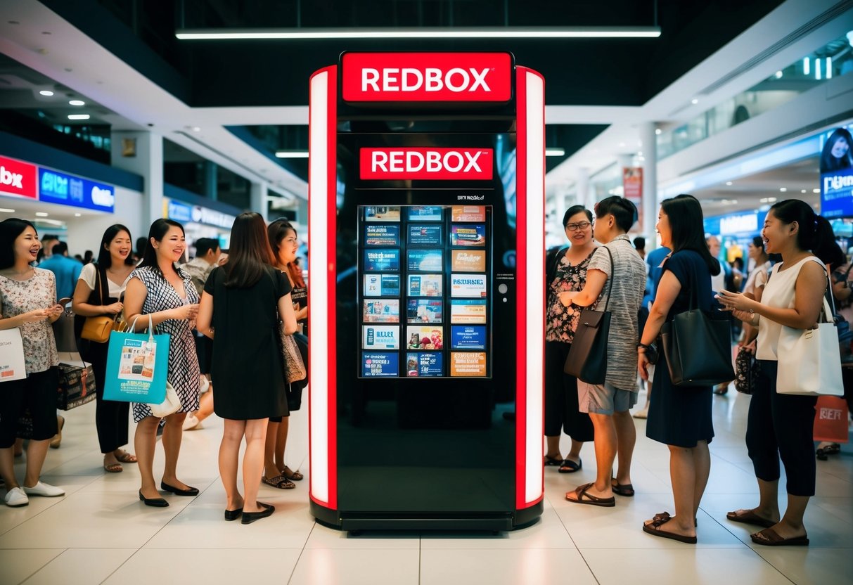 A redbox kiosk in a bustling Singapore mall, surrounded by curious customers and promotional materials