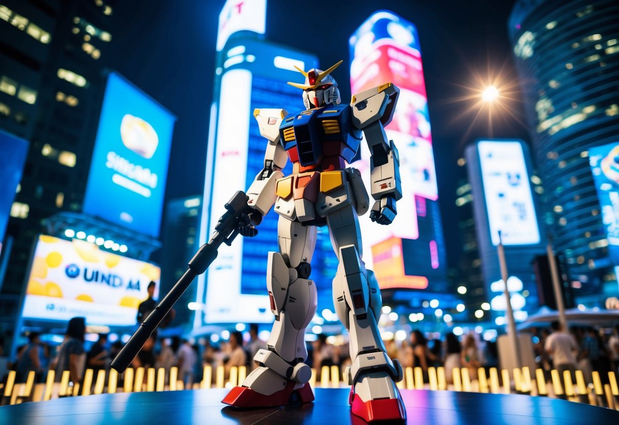 A giant Gundam model stands in the center of a bustling Singapore cityscape, with bright lights and promotional banners surrounding it
