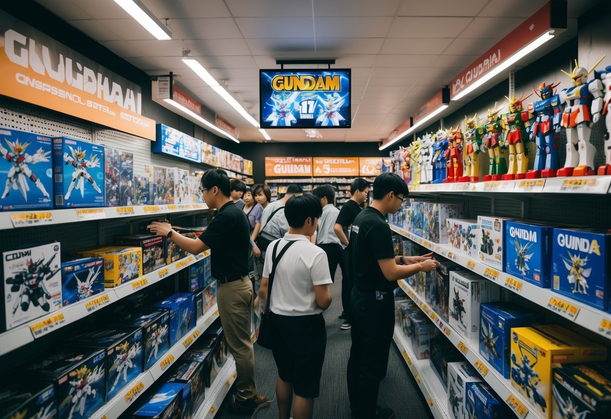 A crowded Gundam store with shelves of Gunpla kits and promotional banners. Customers browsing and staff assisting