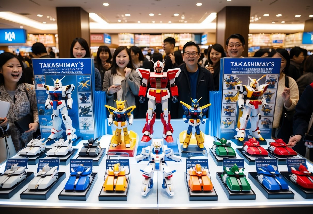 A display of Gundam models and merchandise at Takashimaya's promotion, surrounded by excited shoppers