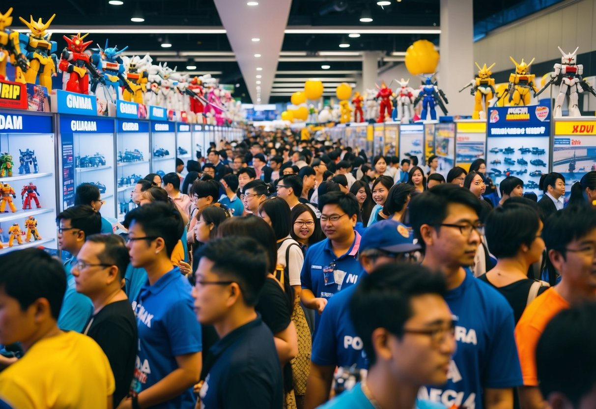 A bustling crowd at Ani Mecha Singapore, with colorful displays of discounted Gundam models and promotions