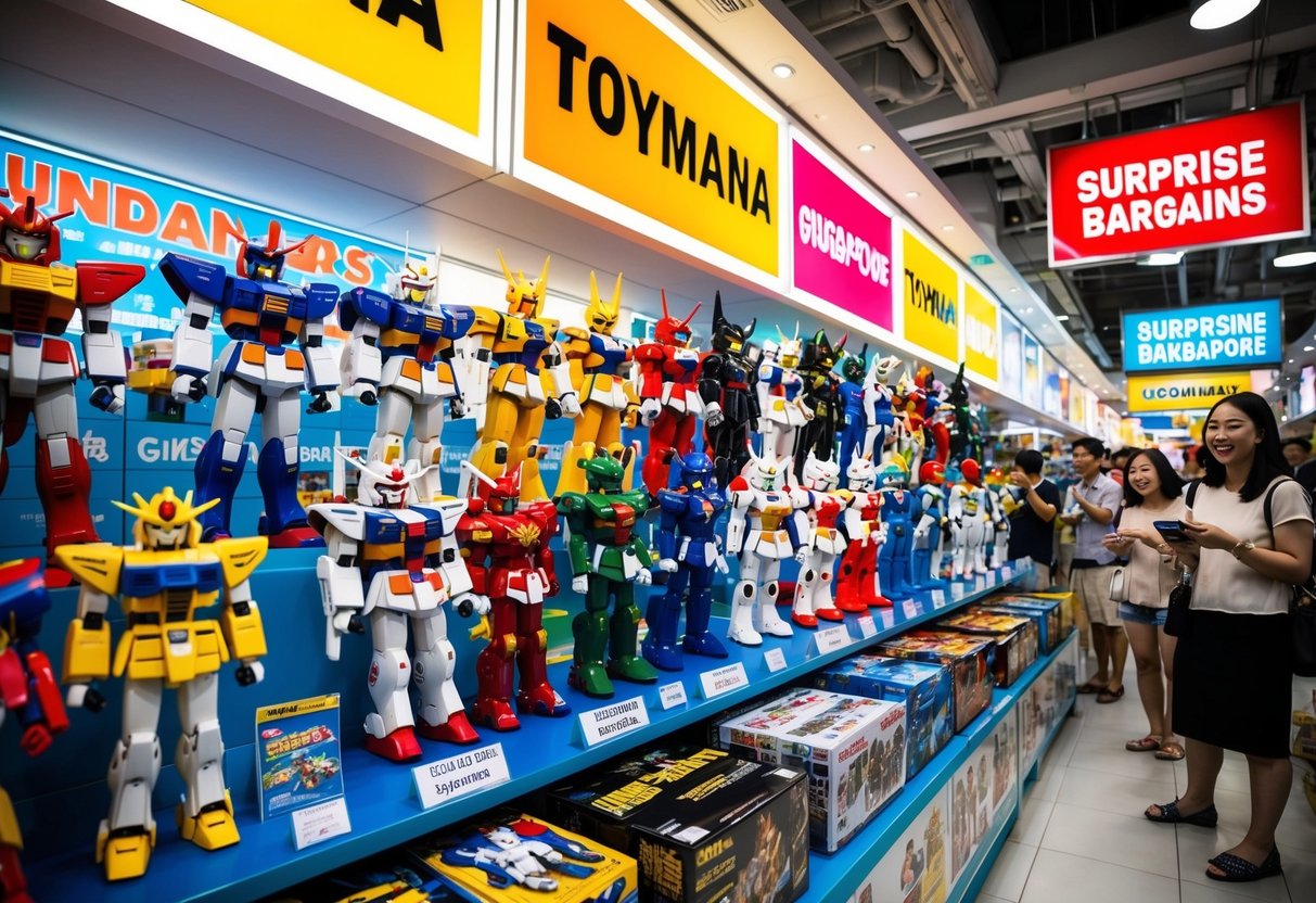 A colorful display of Gundam models and toys at Toymana Singapore, with bright promotional signs and excited customers browsing the surprise bargains