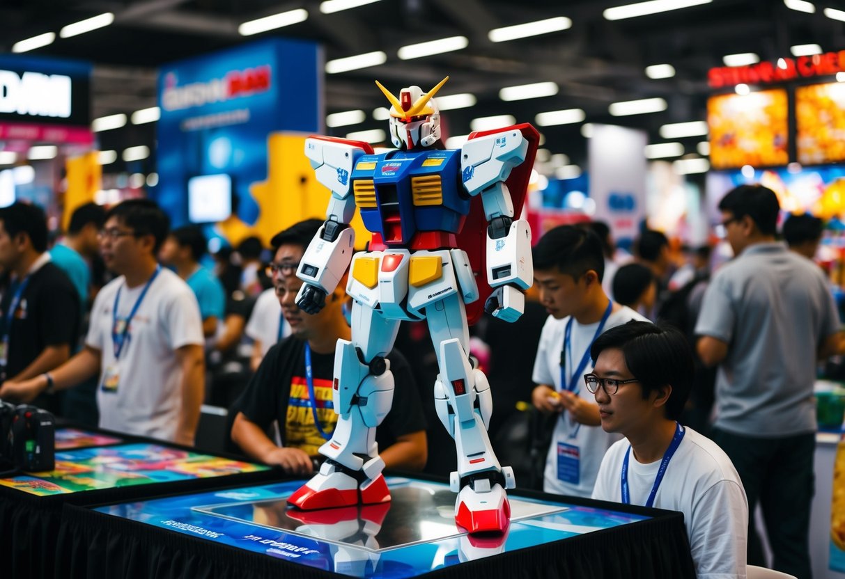 A bustling Gundam event in Singapore with colorful displays and enthusiastic fans