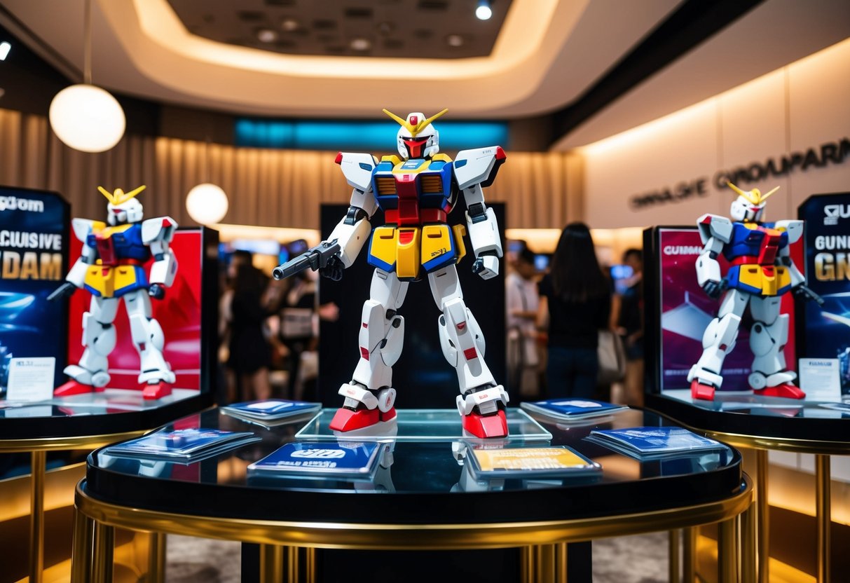 A display of exclusive Gundam merchandise at a promotional event in Singapore