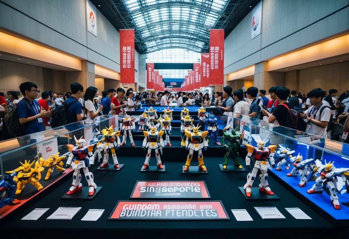 A bustling convention hall with Gundam models on display, surrounded by promotional banners and eager attendees in Singapore