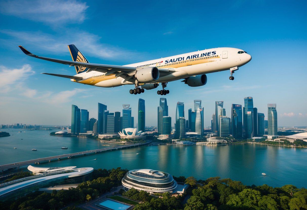 A Saudi Airlines plane flying over the iconic skyline of Singapore, with the city's modern architecture and lush greenery below