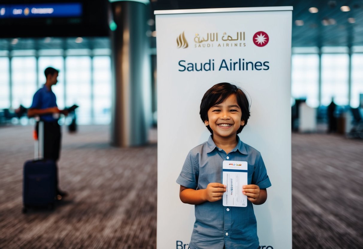 A smiling child holding a boarding pass while standing next to a Saudi Airlines promotional banner in Singapore airport