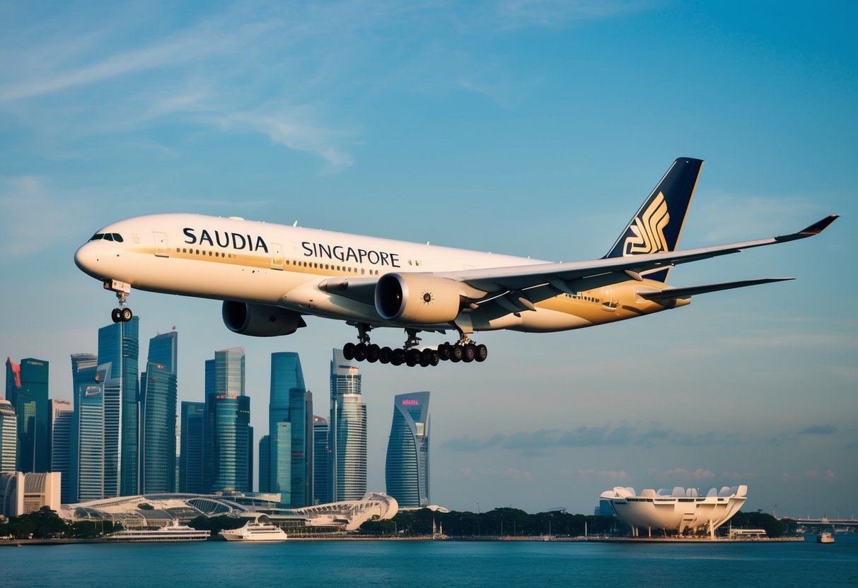 A sleek SAUDIA airplane flying over the iconic skyline of Singapore