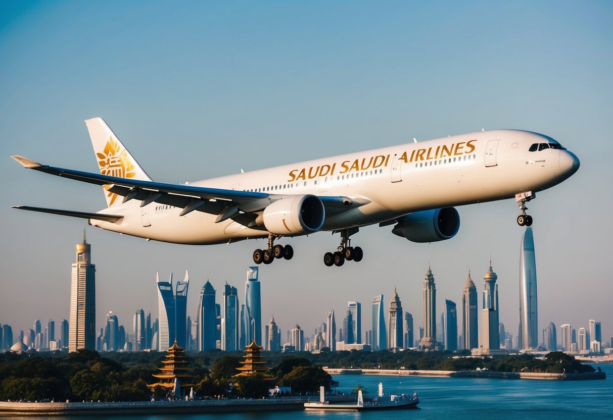 A Saudi Airlines plane flying over iconic Asian landmarks with a "35% Discount" banner