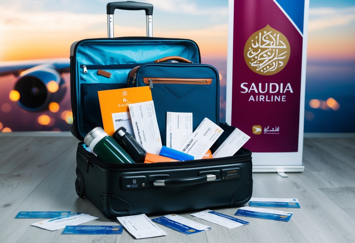 A suitcase overflowing with travel essentials, surrounded by airplane tickets and a SAUDIA airline promotional banner