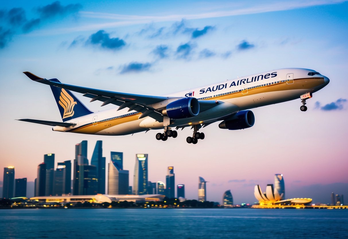 A vibrant airplane flying over the skyline of Singapore with the Saudi Airlines logo prominently displayed