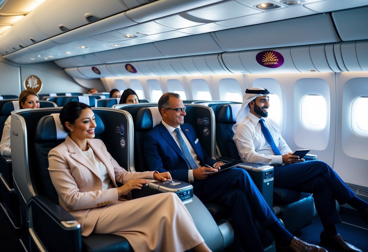 Passengers enjoying comfortable seating and attentive service on a Saudi Airlines flight, with the iconic logo visible in the background
