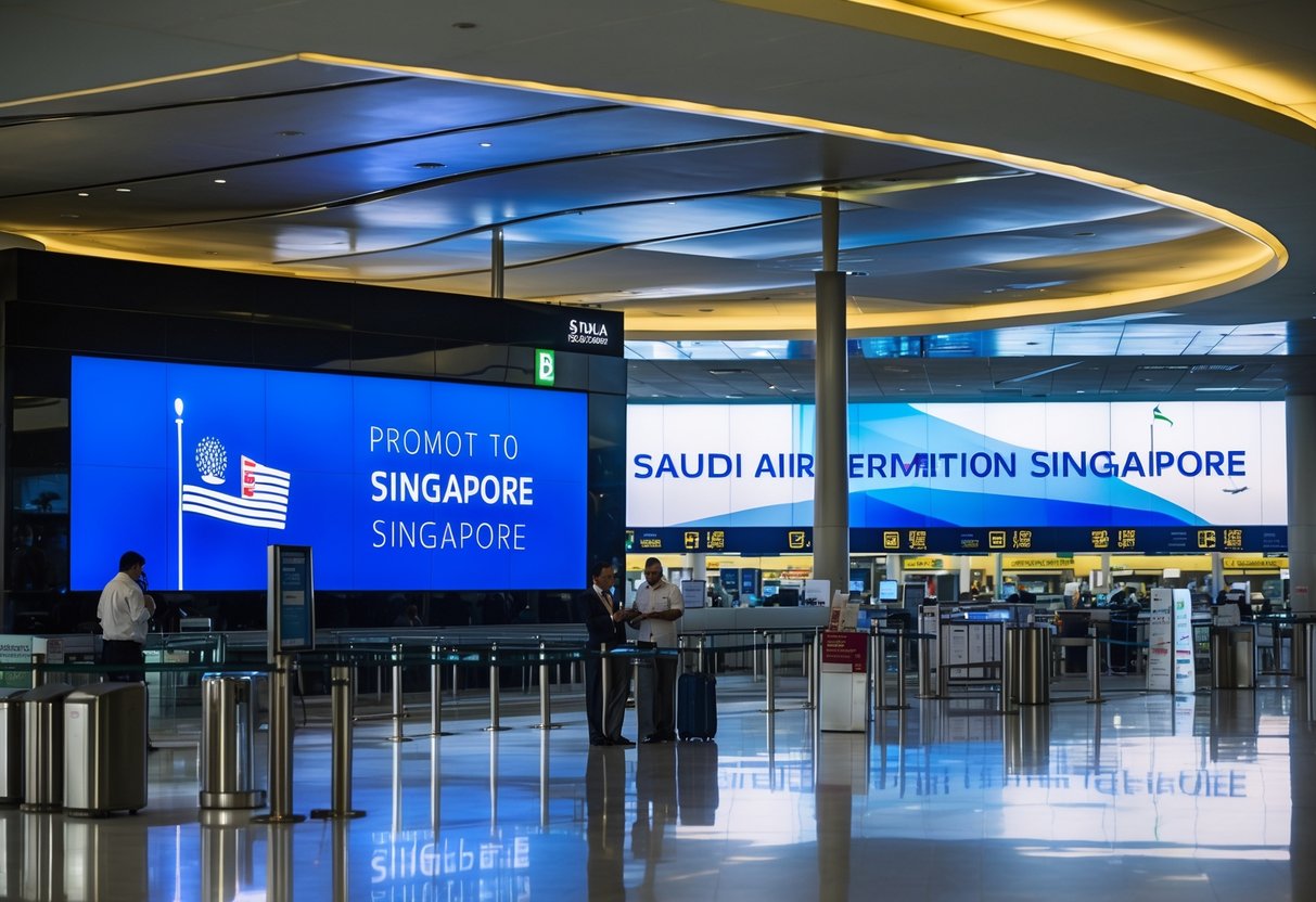 A bustling airport terminal with a prominent Saudi Airline promotion display in Singapore