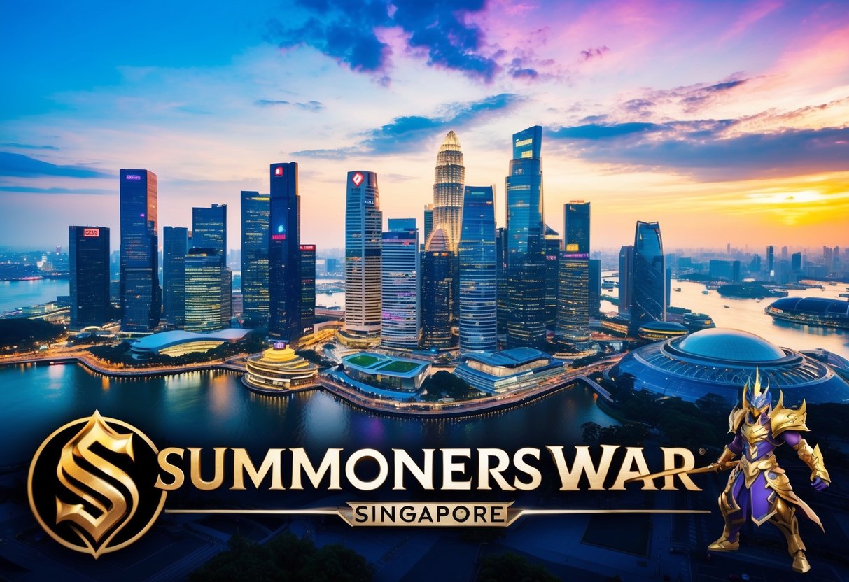 A vibrant cityscape with iconic landmarks in Singapore, featuring the Summoners War game logo and characters in the foreground
