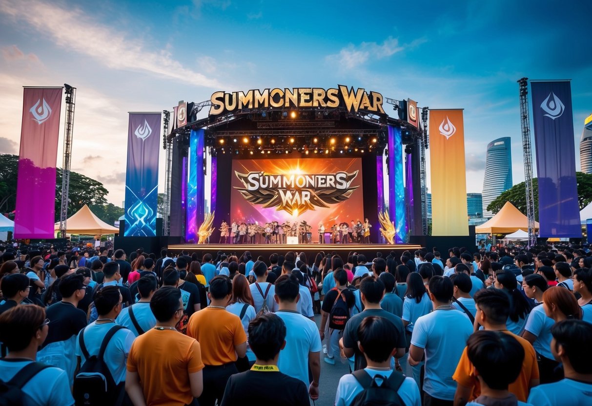 A bustling festival in Singapore, with colorful banners and a stage for exciting announcements about the RPG game, Summoners War