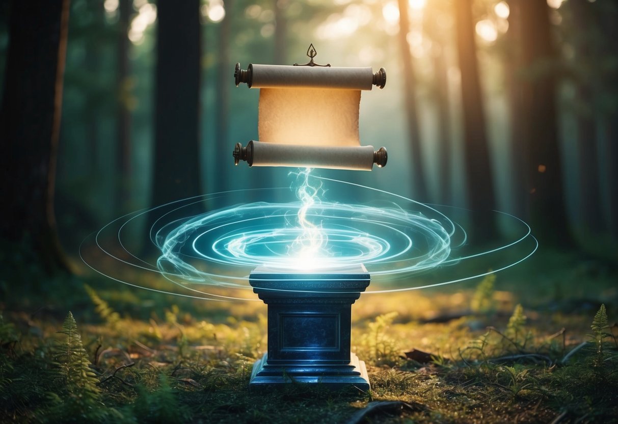 A magical scroll floating above a glowing pedestal, surrounded by swirling energy in a mystical forest clearing