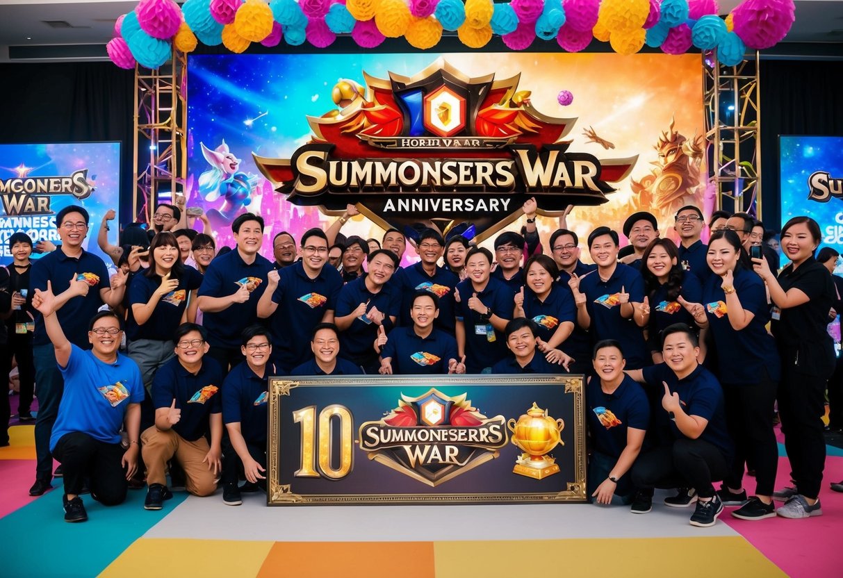 A festive 10th anniversary party for Summoners War RPG game in Singapore with colorful decorations, promotional banners, and enthusiastic attendees celebrating