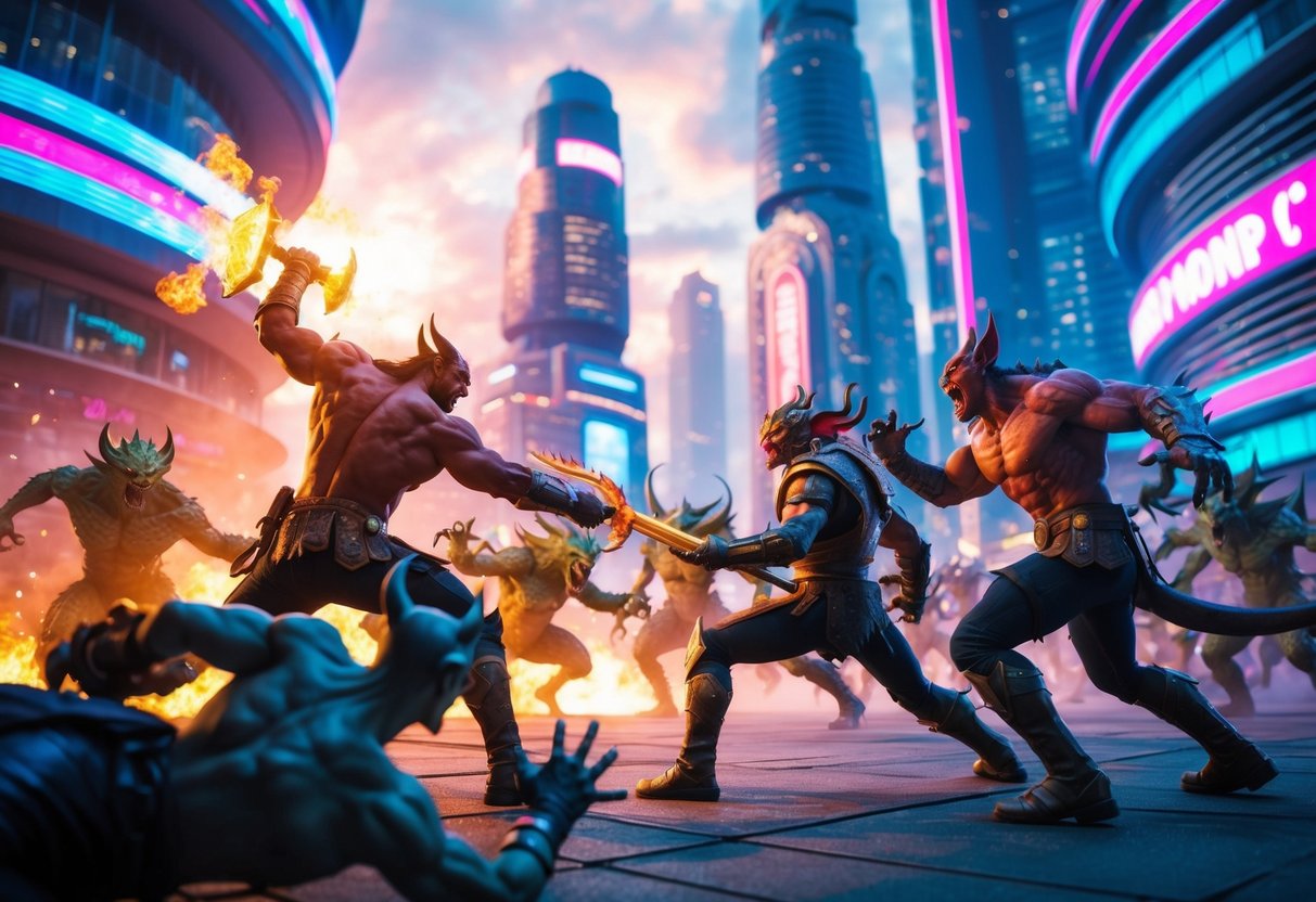 A fierce battle between Demon Slayers and powerful creatures, set in a vibrant, futuristic cityscape with towering skyscrapers and neon lights