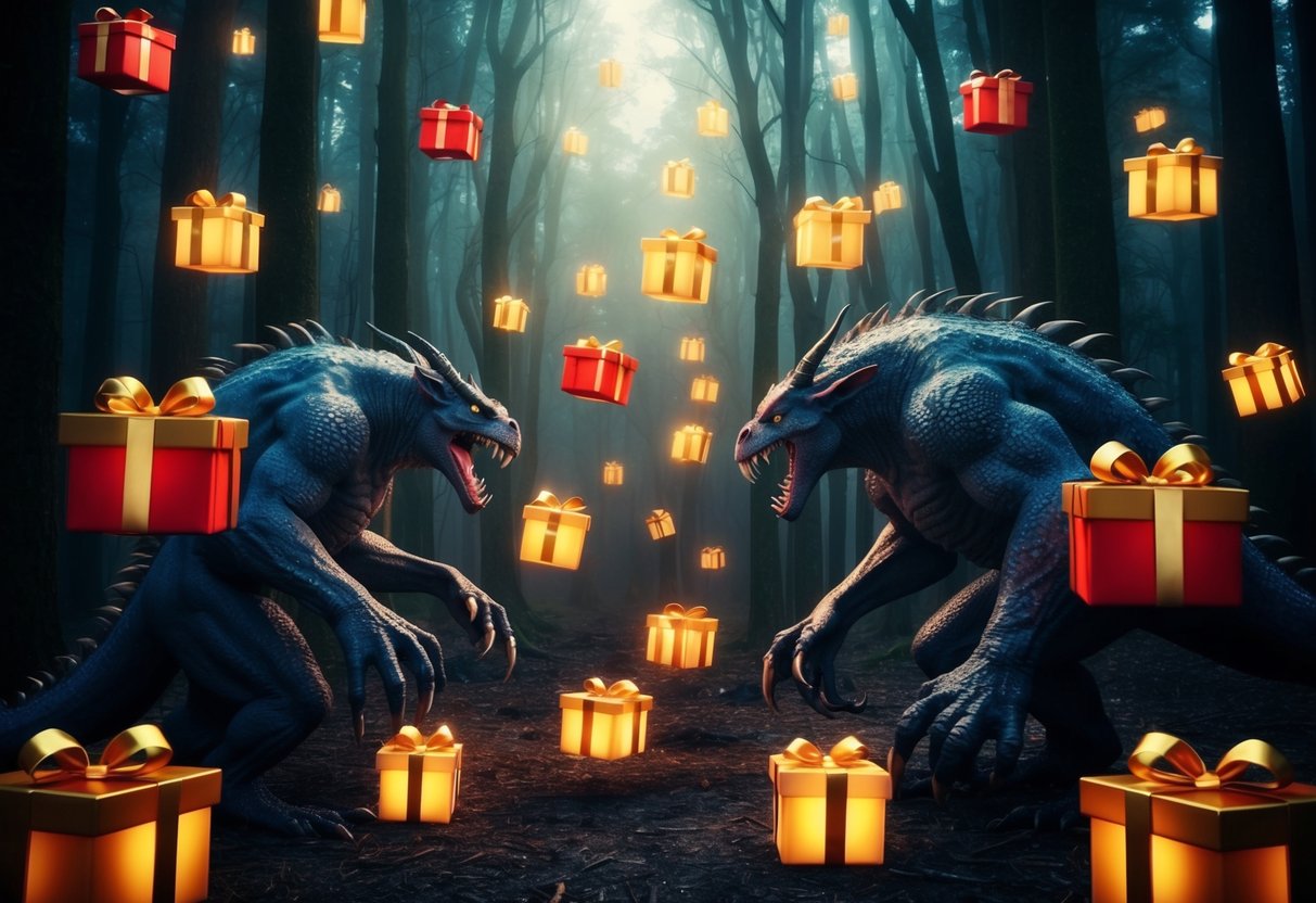 A mystical forest with floating gifts and monstrous creatures merging together