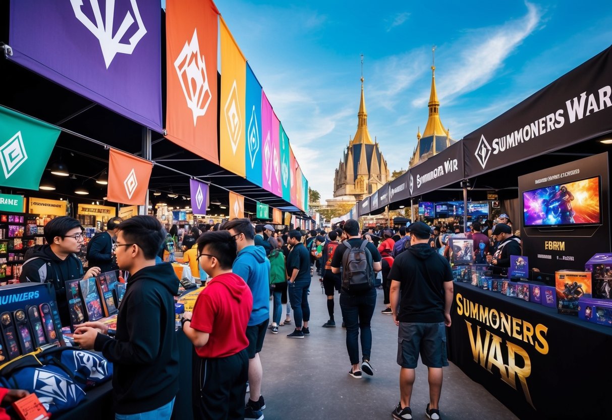 A bustling marketplace with colorful banners and displays showcasing Summoners War merchandise. Excited fans browse through promotional items and game-related products