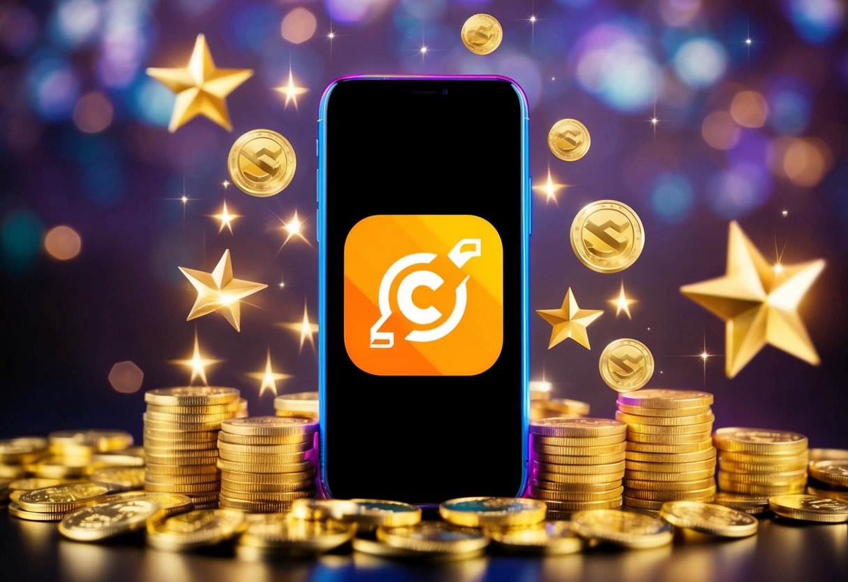 A colorful mobile phone with the AppGallery logo displayed, surrounded by shining gold coins and sparkling stars, with the Summoners War game icon prominently featured