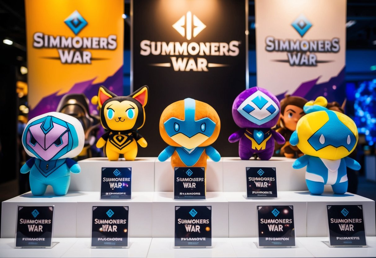 A colorful display of limited edition plushies and figures from the summoners war RPG game, with promotional banners, in Singapore