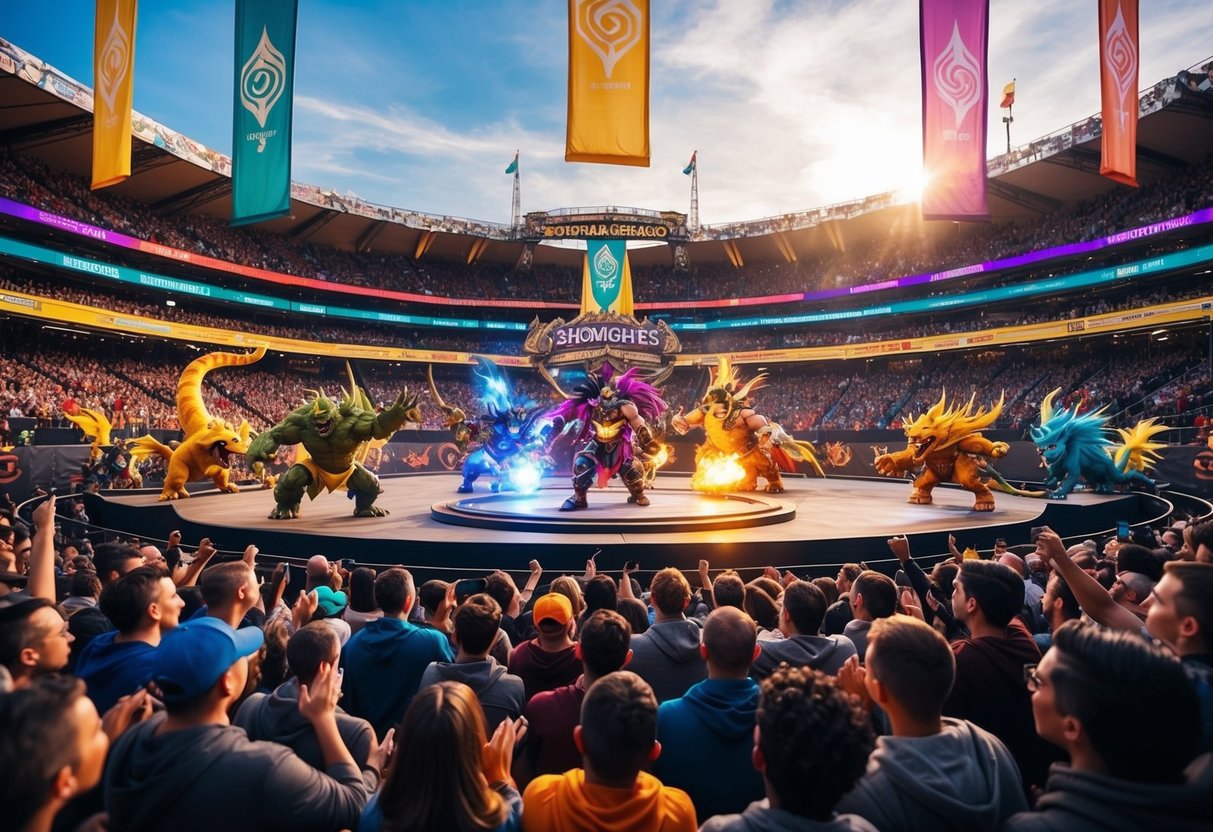 A grand arena with colorful banners, surrounded by cheering spectators, as powerful creatures battle in mini tournaments at the Summoners Festival