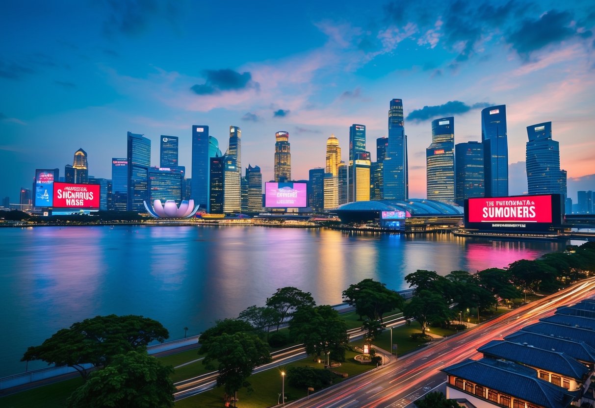 A vibrant cityscape with iconic landmarks in Singapore, featuring Summoners War RPG game promotions displayed on billboards and digital screens