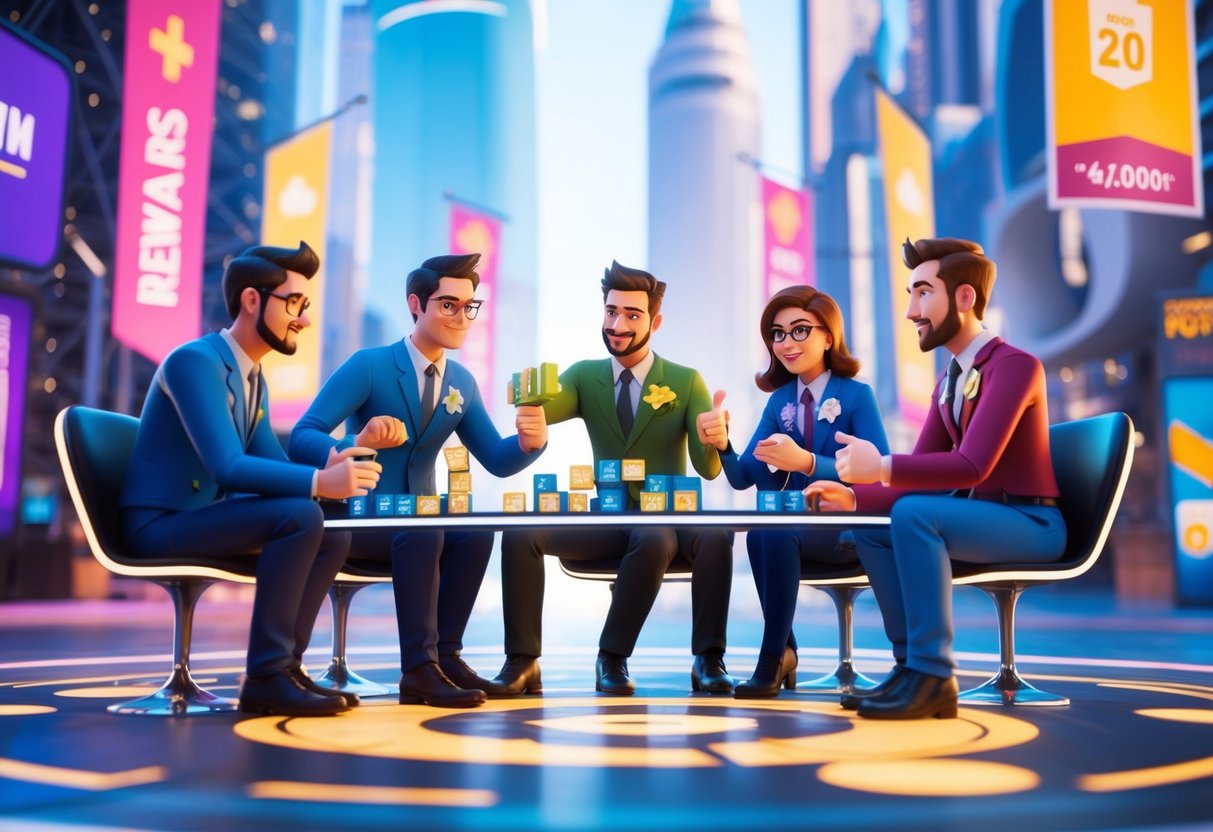 A group of characters strategizing and exchanging tips in a vibrant, futuristic city setting with promotional banners and rewards displayed