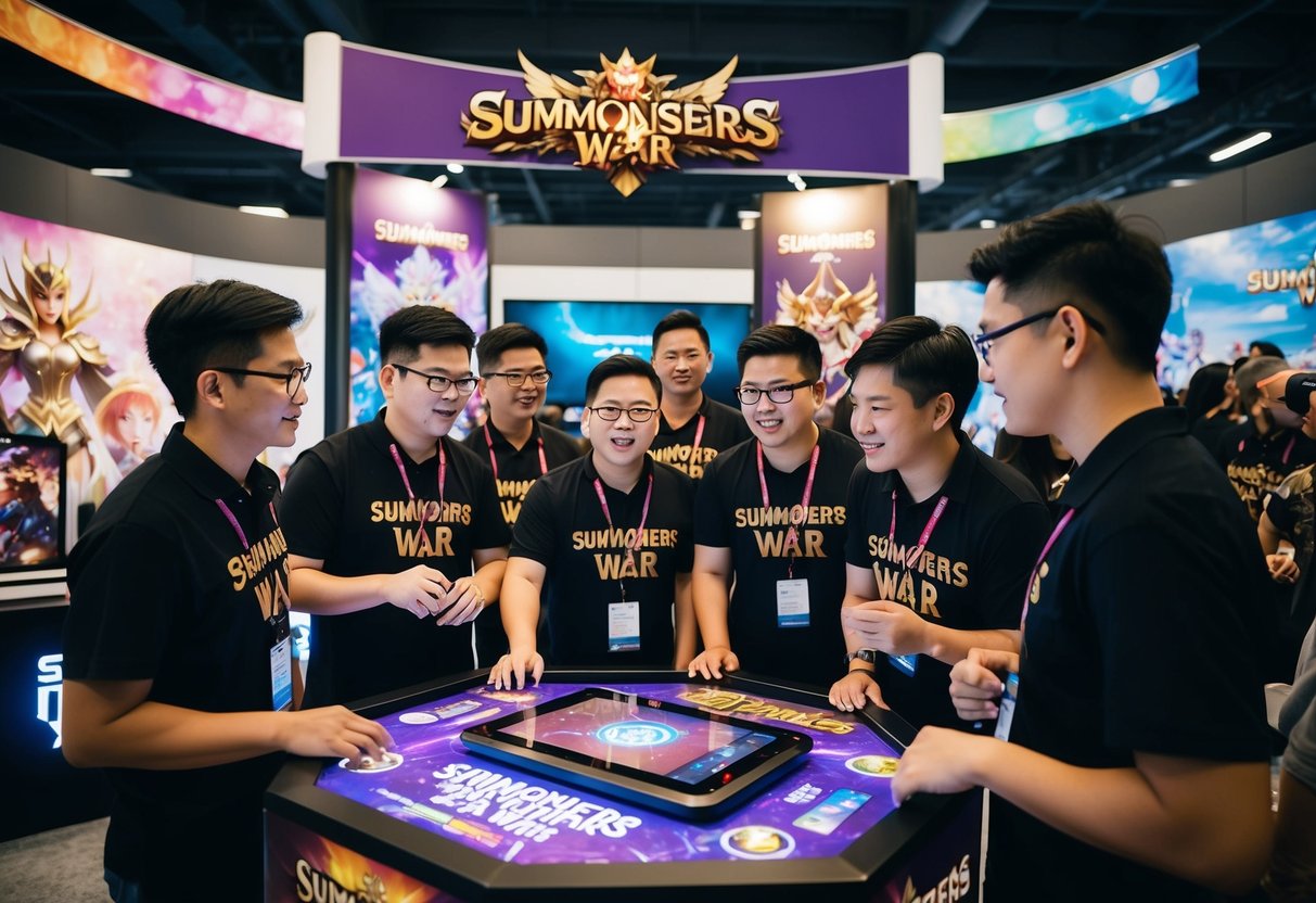 A group of summoners gather around a promotional booth in Singapore, eagerly asking questions about the RPG game Summoners War. The booth is adorned with colorful banners and displays of the game characters